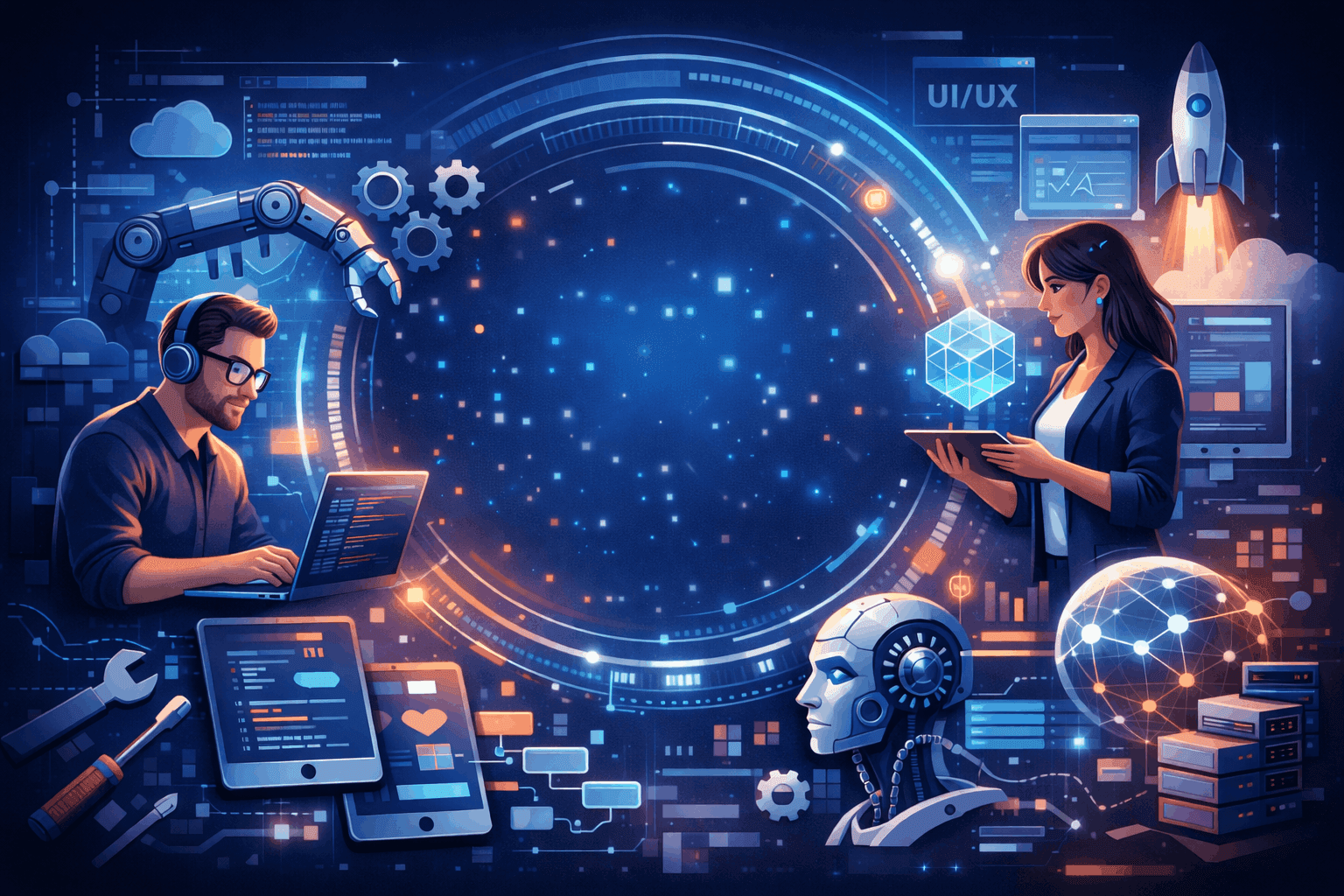 Illustration of a developer and a designer working with cloud, AI and UI/UX tools